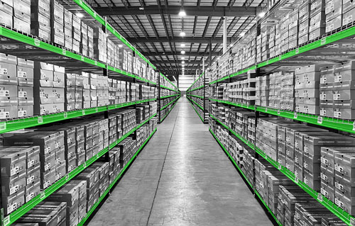 Warehousing and Fulfillment Services - black and white image with just the shelf ends highlighted in apple green